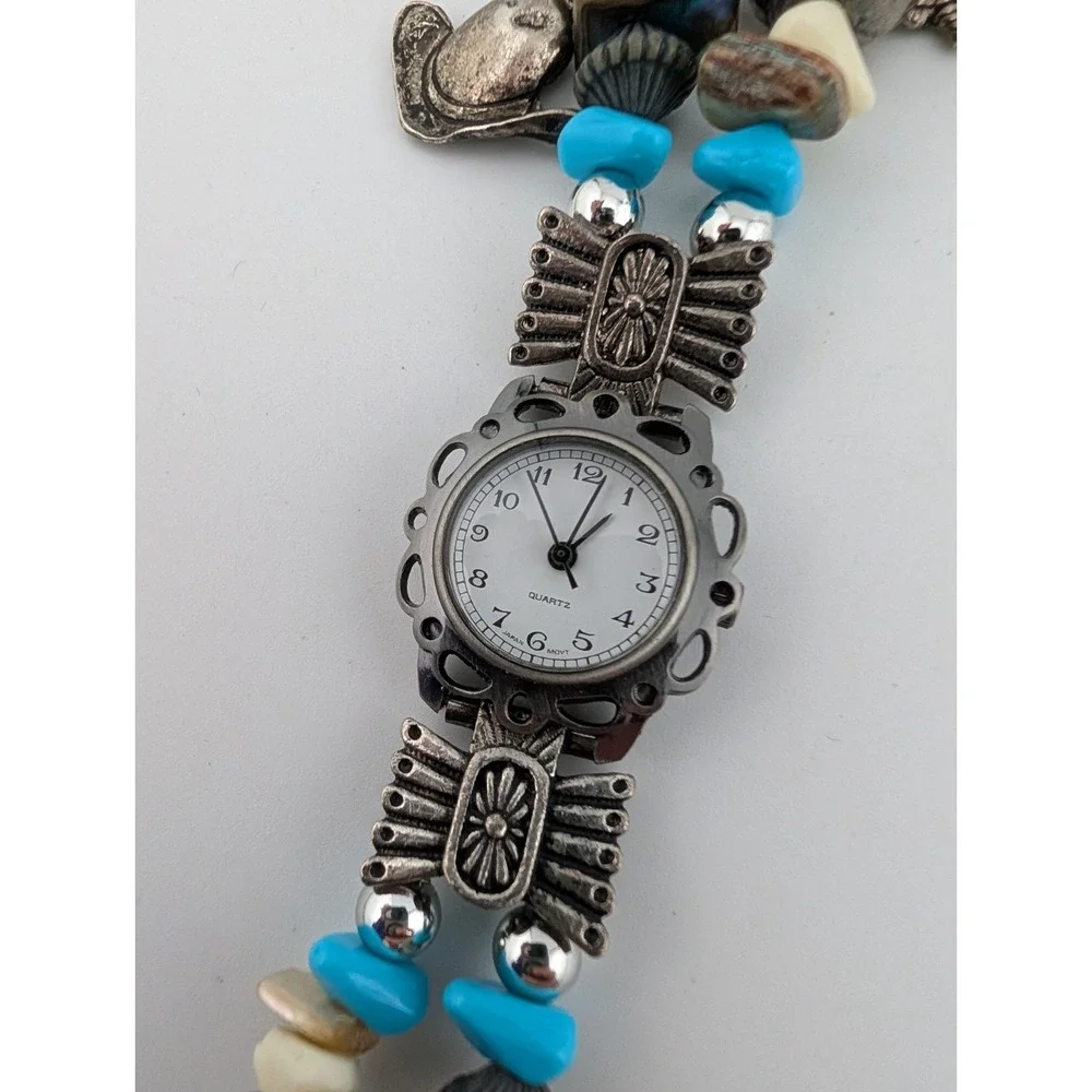 VTG Southwest‎ Watch Women 25mm Beaded Bracelet Charms Silver 7.25